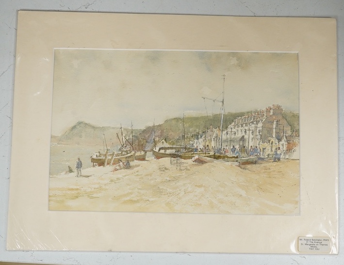 Roland Batchelor (1889-1990), watercolour, Coastal view with beached fishing boats, label verso, 20 x 31cm, mounted, unframed. Condition - fair